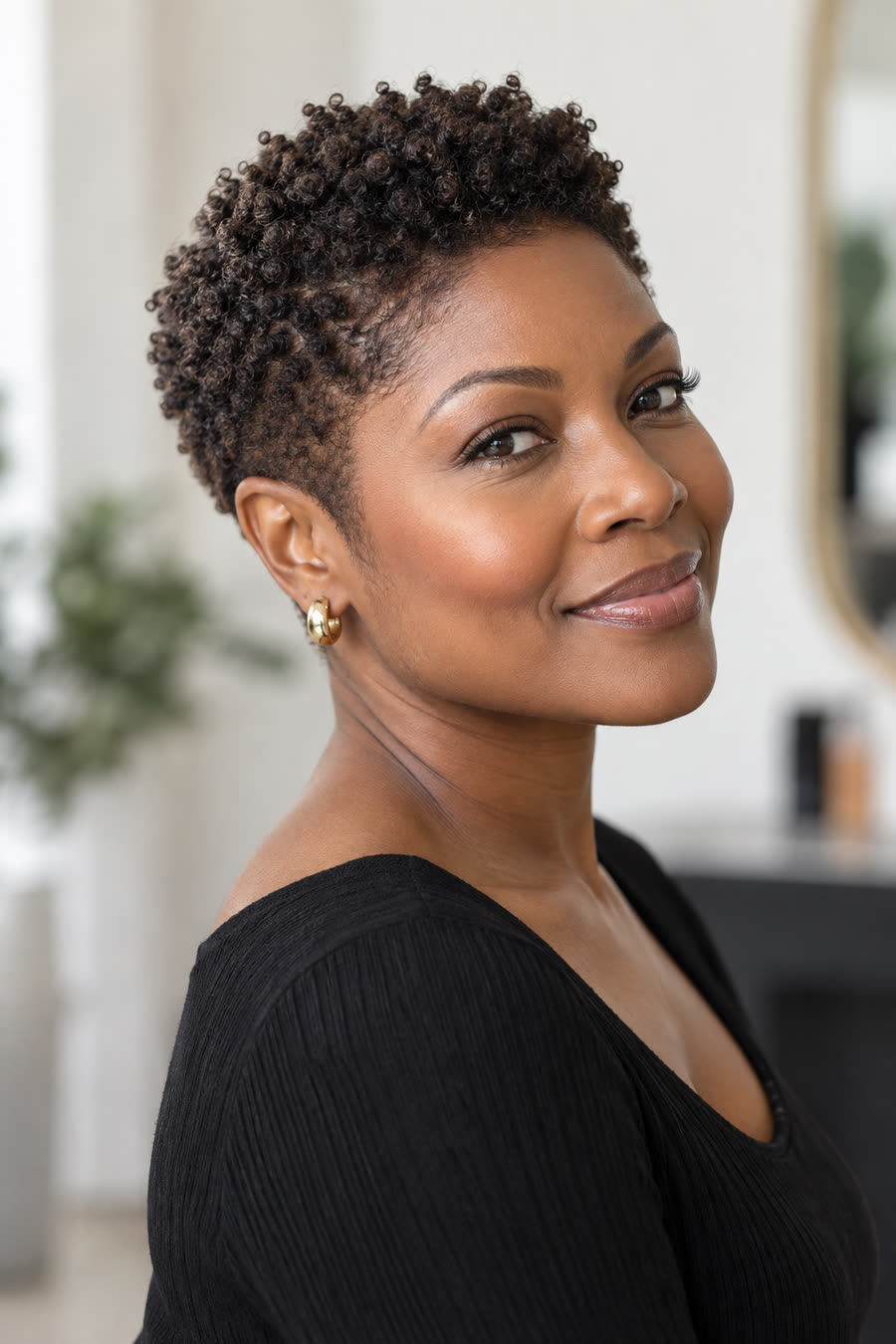 Editorial hairstyle inspiration: close, coily cut on an adult woman